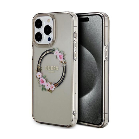 Guess IML Flowers Wreath MagSafe - Étui pour iPhone 15 Pro Max (noir)