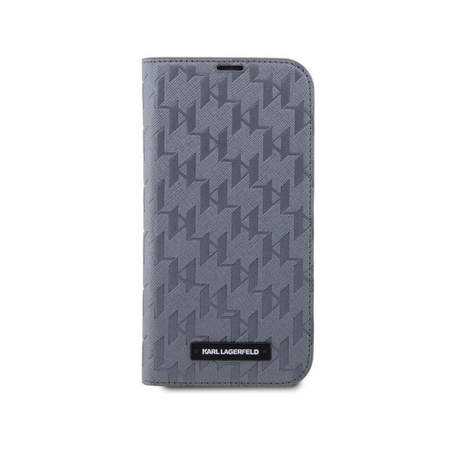 Karl Lagerfeld Booktype Saffiano Monogram - pouzdro na iPhone 14 (stříbrné)