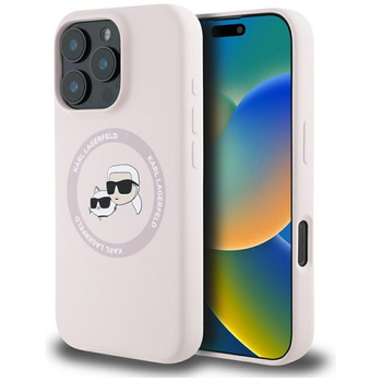 Karl Lagerfeld Silikonové pouzdro MagSafe s dvojitou hlavou a kruhem pro iPhone 16 Pro (růžové)