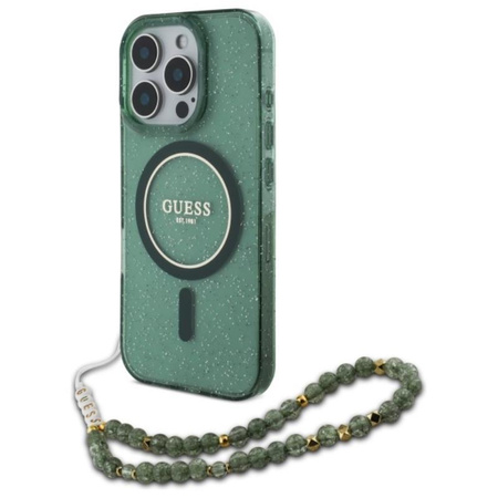 Pouzdro Guess IML Glitter With Pearl Strap MagSafe - iPhone 16 Pro Max (zelené)