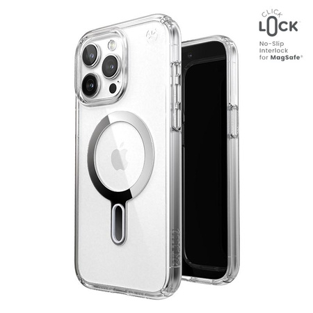 Speck Presidio Perfect-Clear ClickLock & Magsafe - Case for iPhone 15 Pro Max (Clear / Chrome Finish / Serene Silver)