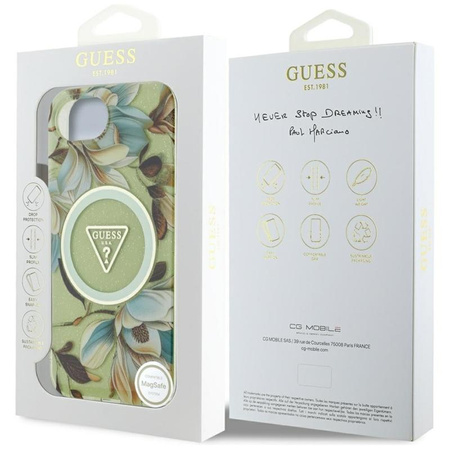 Guess IML Metal Glitter Flowers Triangle MagSafe - Pouzdro pro iPhone 16e (zelené)