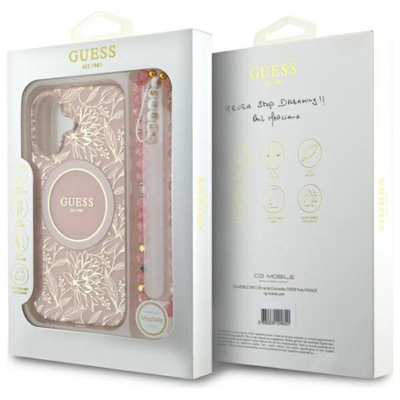Guess IML Flowers Allover Electro With Pearl Strap MagSafe - Hülle iPhone 16 Plus (Rosa)