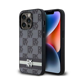 DKNY bőr kockás egyszínű mintás és nyomtatott csíkos - iPhone 14 Pro tok (fekete)