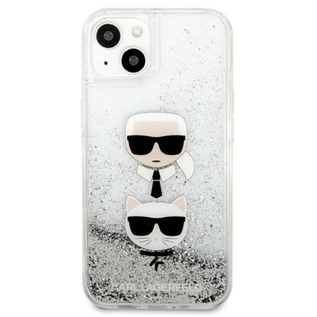 Karl Lagerfeld Liquid Glitter Karl & Choupette Head - pouzdro pro iPhone 13 mini (stříbrné)
