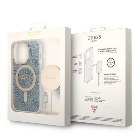 Guess Bundle Pack MagSafe 4G - sada pouzdra pro iPhone 14 Pro Max + nabíječka MagSafe (modrá/zlatá)