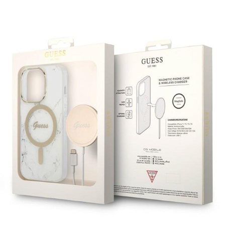 Guess Bundle Pack MagSafe IML Marble - Zestaw etui + ładowarka MagSafe iPhone 14 Pro Max (biały/złoty)