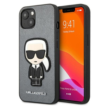 Karl Lagerfeld Saffiano Ikonik Patch - pouzdro na iPhone 13 mini (stříbrné)