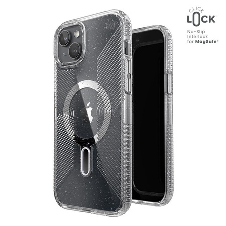 Speck Presidio Lux Grip ClickLock & Magsafe - pouzdro pro iPhone 15 Plus (čiré / chromované provedení / stříbrná barva)