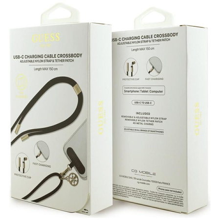Guess Crossbody Strap 4G Charm - Universal Phone Strap / USB-C to USB-C Cable 1.5m (Black)