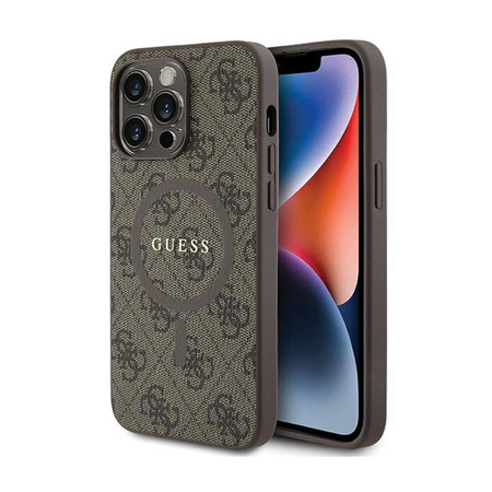 Guess 4G Collection Leder Metall Logo MagSafe - iPhone 14 Pro Max Tasche (braun)