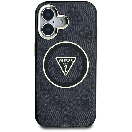 Guess IML Metall Glitter 4G Circle Triangle MagSafe - Hülle für iPhone 16 (schwarz)