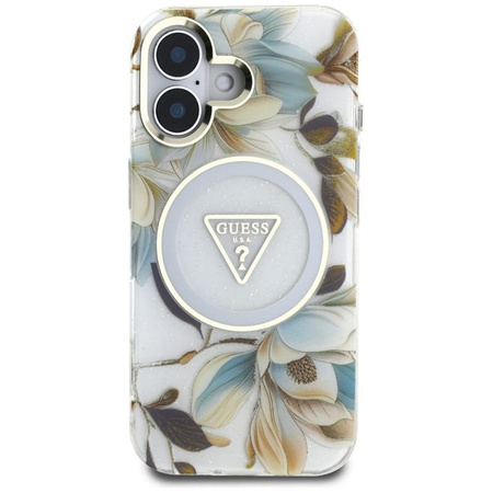 Guess Glitter Flowers Triangle Buttons MagSafe - Tasche für iPhone 16 (weiß)