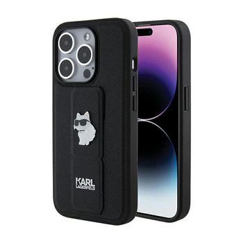 Karl Lagerfeld Gripstand Saffiano Choupette Pins - iPhone 15 Pro Max Tasche (schwarz)