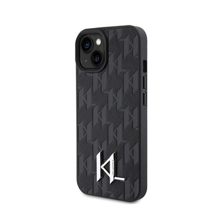 Karl Lagerfeld Leather Monogram Hot Stamp Metal Logo - iPhone 15 Tasche (Schwarz)