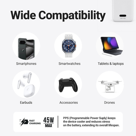 Szybka Ładowarka Sieciowa USB C Kostka GaN do iPhone Crong Compact 45W PD