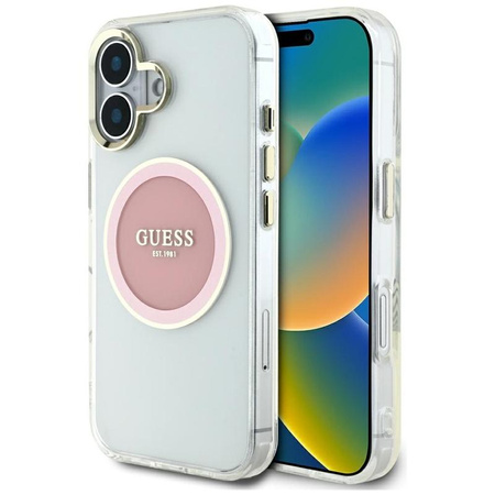 Guess IML fémszínű kör alakú klasszikus logós MagSafe - tok iPhone 16 készülékhez (rózsaszín)