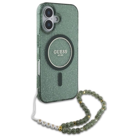Guess IML Glitter With Pearl Strap MagSafe - pouzdro pro iPhone 16 (zelené)