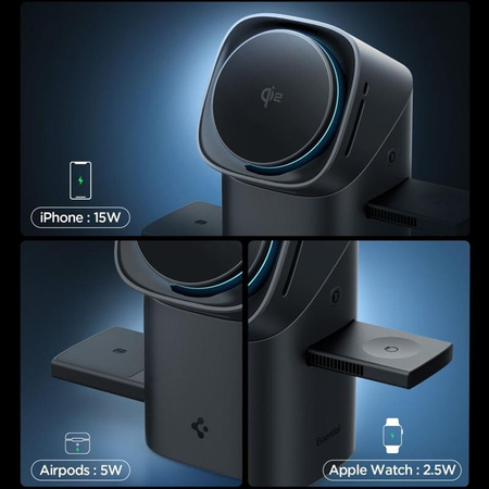 Spigen Essential EF223MS Qi2 Rotary Magnetic – indukční nabíječka MagSafe 3v1 pro iPhone, AirPods a Apple Watch 15 W (černá)