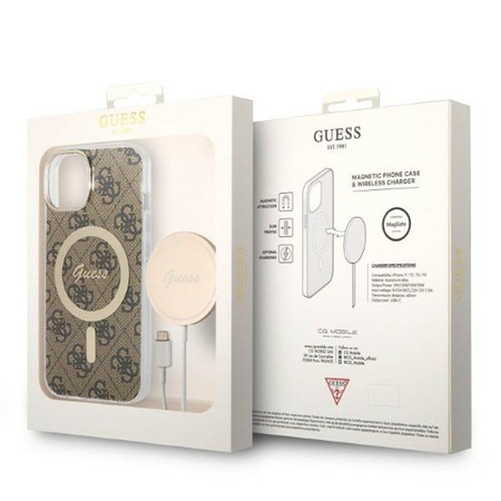 Guess Bundle Pack MagSafe 4G - Zestaw etui + ładowarka MagSafe iPhone 14 (brązowy/złoty)
