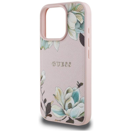 Guess MagSafe - Tasche mit genarbtem Blumenmuster für iPhone 16 Pro (rosa)