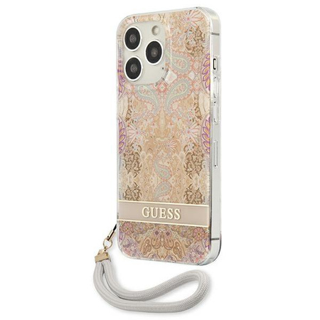 Guess Flower Cord - pouzdro se šňůrkou na krk pro iPhone 13 Pro Max (zlaté)