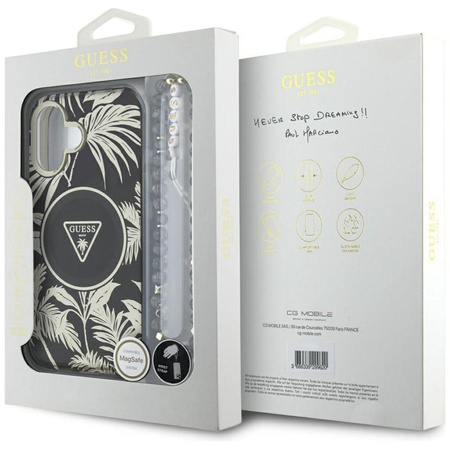 Guess Palm Trees Triangle Pearl Strap MagSafe - Hülle für iPhone 16 (schwarz)