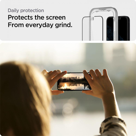 Spigen Alm Glass FC - Tvrzené sklo pro iPhone 16e / iPhone 14 / iPhone 13 / iPhone 13 Pro (černý rámeček)
