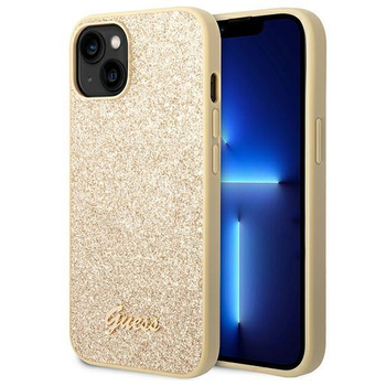 Guess Glitter Flakes Metall Logo Tasche - iPhone 14 Plus (Gold)