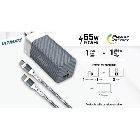 Energizer Ultimate - cestovní nabíječka Multiplug EU / UK / US GaN USB-C a USB-A 65W PD + kabel USB-C (černá)