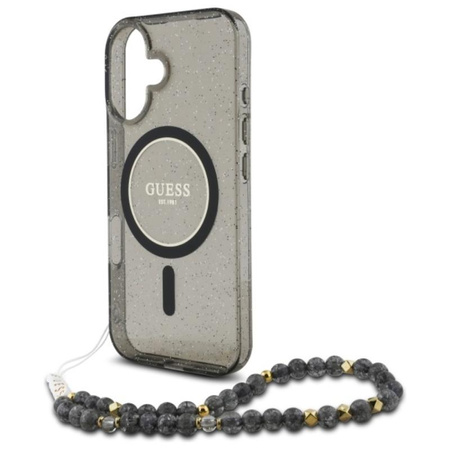 Guess IML Glitter With Pearl Strap MagSafe - Pouzdro pro iPhone 16 (Černé)
