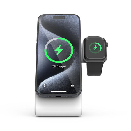Crong MagSpot Pivot Stand - bezdrátová nabíječka 3 v 1 s MagSafe pro iPhone, Apple Watch a AirPods (bílá)