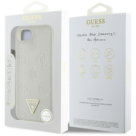 Guess Grainé Hot Stamp Peony Triangle Logo MagSafe - étui pour iPhone 16e (beige)