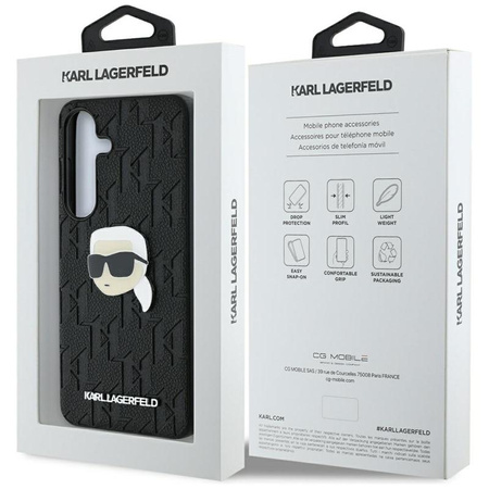 Karl Lagerfeld Leather Monogram Pin Logo Karl Head - Hülle für Samsung Galaxy S25+ (Schwarz)
