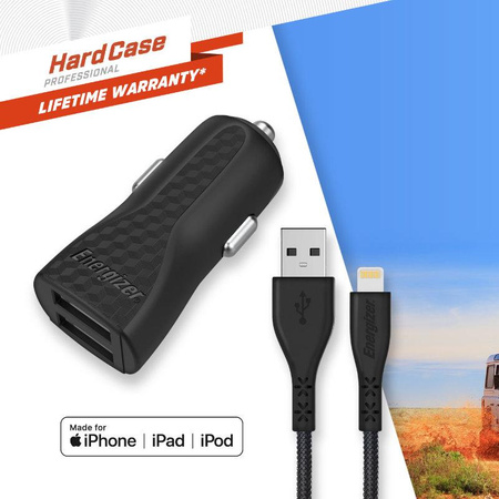 Energizer HardCase - Nabíječka do auta 2x USB-A 17W 3,4A + kabel Lightning s certifikací MFi (černá)