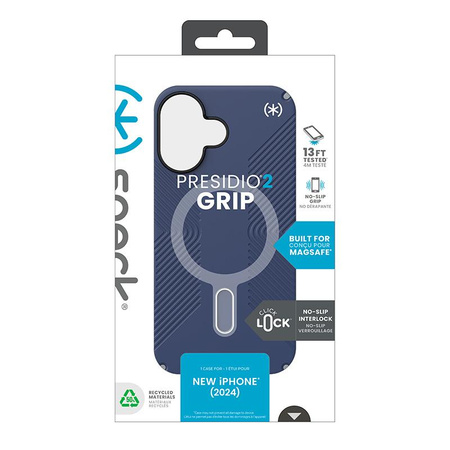 Speck Presidio2 Grip ClickLock & MagSafe - Coque pour iPhone 16 (Bleu côtier / Gris poussière / Blanc)