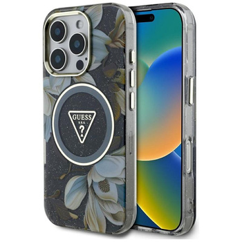 Guess Glitter Flowers Triangle Buttons MagSafe - Coque pour iPhone 16 Pro (noir)