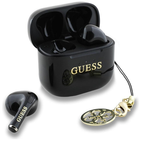 Guess fényes hatású nyomtatott klasszikus logó és báj - TWS Bluetooth fejhallgató + töltőtáska (fekete)