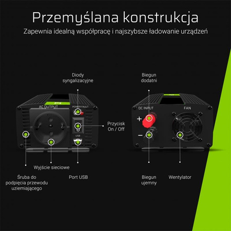 Green Cell - Měnič napětí Inverter režim UPS 12V na 230V Čistá sinusovka 300W/600W pro čerpadlo ústředního topení