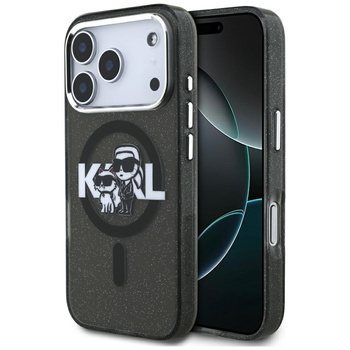 Karl Lagerfeld IML Glitter Karl & Choupette Sketch Logo MagSafe - Custodia per iPhone 17 Pro (Nero)