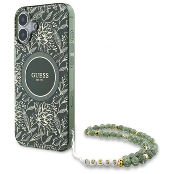 Guess IML Flowers Allover Electro With Pearl Strap MagSafe - iPhone 16 Plus Case (green)