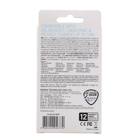 Momax Zero - USB-C (Power Delivery Fast Charging 3A) to Lightning MFi connection cable 1.2 m (White)