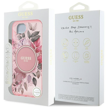 Guess IML Flowers MagSafe - Coque pour iPhone 16e (rose)
