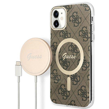 Guess Bundle Pack MagSafe 4G - sada pouzdra pro iPhone 11 + nabíječka MagSafe (hnědá/zlatá)