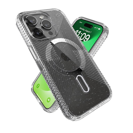 Speck Presidio Lux Grip ClickLock & Magsafe - Coque pour iPhone 15 Pro (Transparent / Finition chromée / Argent Serein)