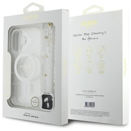 Guess IML Glitter gyöngyház szíjjal MagSafe - iPhone 16 tok (átlátszó)