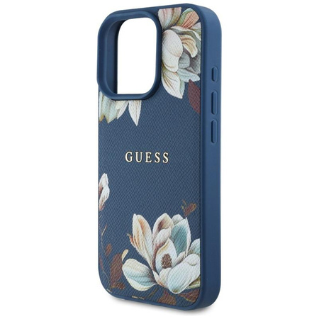 Guess Genarbtes Blumenmuster MagSafe - Hülle für iPhone 16 Pro (blau)