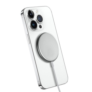 Caricabatterie wireless Crong MagSpot – Caricabatterie induttivo MagSafe in alluminio da 15 W (argento bianco)