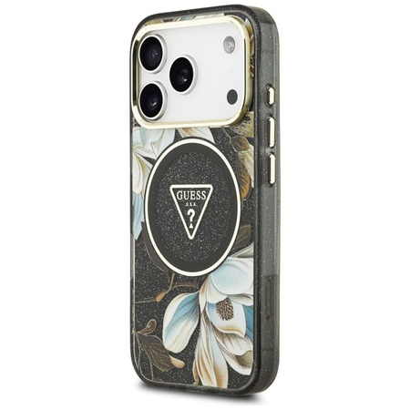 Guess IML Glitter Flowers Triangle MagSafe - Pouzdro iPhone 17 Pro (černý)