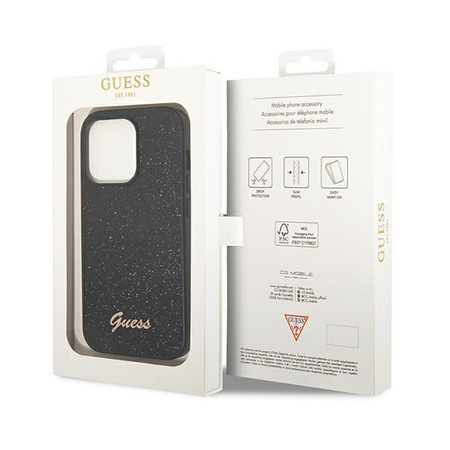Guess Glitter Flakes Metal Logo Case - Hülle für iPhone 14 Pro (Schwarz)